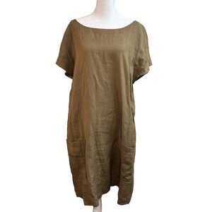 Eileen Fisher Womens Large Dress Linen Knee Length Green Patch Pockets Wide Neck
